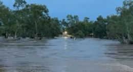 The Todd River was overflowing after heavy rain fell in Alice Springs last night.