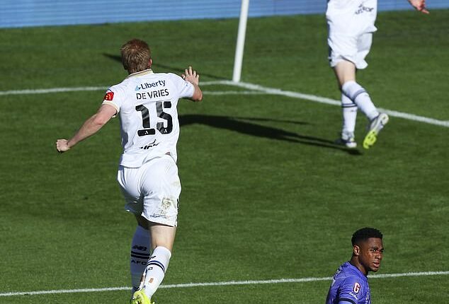 Wellington Phoenix goalie Josh Oluwayemi (bottom right) has gone viral after he made a mind-boggling mistake in his side's 5-0 loss to Auckland on Saturday