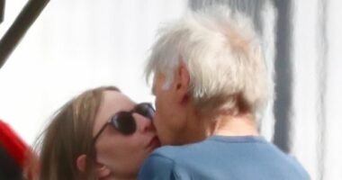 Harrison Ford and Calista Flockhart kiss on tarmac as they land in LA