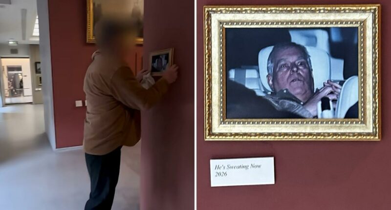 Infamous photo of ex-Prince Andrew after his arrest hung in the Louvre by activists, stuns visitors