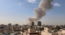 Smoke rises on the skyline after an explosion in Tehran, Iran, Saturday, Feb. 28, 2026.(AP Photo)