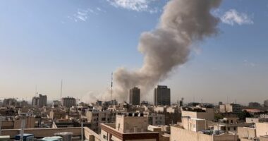 Smoke rises on the skyline after an explosion in Tehran, Iran, Saturday, Feb. 28, 2026.(AP Photo)