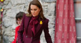 Kate drenches herself in burgundy as she joins William in Wales