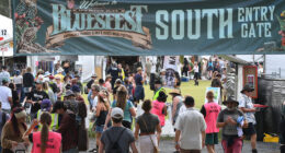 Festival visitors enter one of the main entrances during day one of the Byron Bay Bluesfest on April 14, 2022 in Byron Bay, Australia. The music festival returns after a two-year break due to the coronavirus pandemic.