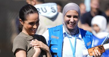 Meghan Markle twins with Angelina Jolie! Duchess channels Hollywood humanitarian with similar outfits and body language during visit to Jordan