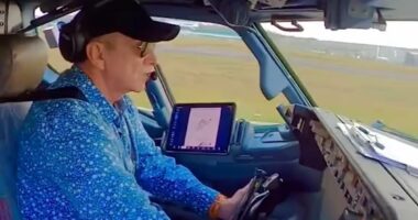 Moment Sir Elton John's pilot has to take action to avoid bird of prey