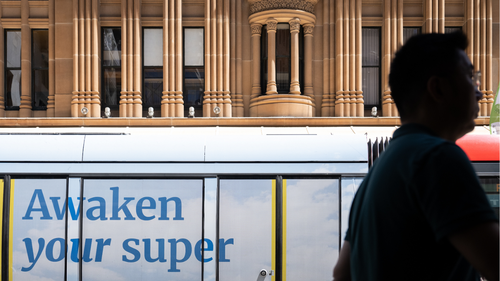 A superannuation ad on a tram in Sydney.