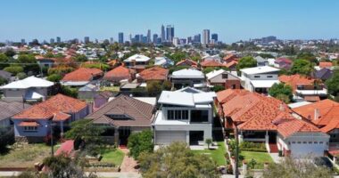 Aerial urban suburban cityscape landscape view in Perth Western Australia.