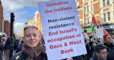 Peter Tatchell is arrested for 'globalise the intifada' banner at pro-Palestine demo where police battle to keep rival protesters apart