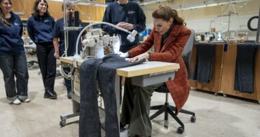 Princess of Wales beams as she helps create special pair of trousers for William during visit to traditional textile firms - all while sporting vintage Welsh wool coat