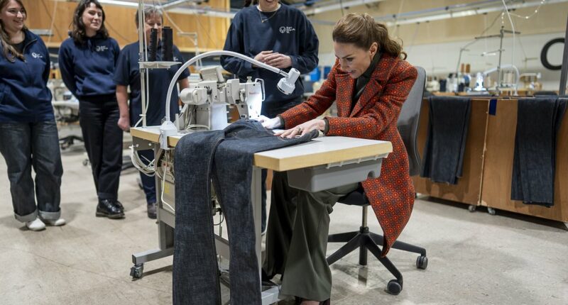 Princess of Wales beams as she helps create special pair of trousers for William during visit to traditional textile firms - all while sporting vintage Welsh wool coat