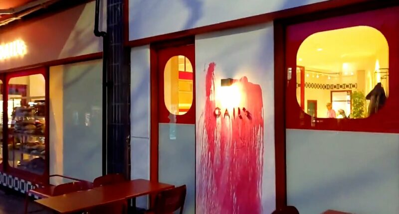 Pro-Palestine vandals throw red paint over new branch of Gail's in 'Free Gaza' protest after owner hit back at claims it was 'funding Israel'