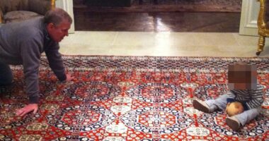 Shamed Andrew Mountbatten-Windsor plays with a very rude ball and a mystery toddler in new photo