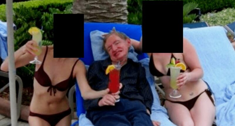 Stephen Hawking poses with bikini-clad women in Epstein files photo