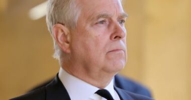 Prince Andrew, Duke of York during the funeral of Prince Philip, Duke of Edinburgh at Windsor Castle on April 17, 2021 in Windsor, England