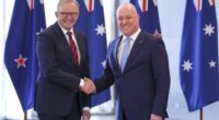 Australian Prime Minister Anthony Albanese and New Zealand Prime Minister Christopher Luxon shake hands during an Australia-New Zealand Leaders Meeting at Taramea.