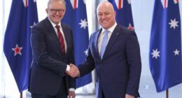 Australian Prime Minister Anthony Albanese and New Zealand Prime Minister Christopher Luxon shake hands during an Australia-New Zealand Leaders Meeting at Taramea.