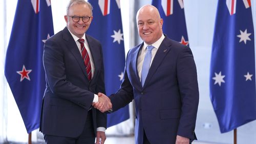 Australian Prime Minister Anthony Albanese and New Zealand Prime Minister Christopher Luxon shake hands during an Australia-New Zealand Leaders Meeting at Taramea.