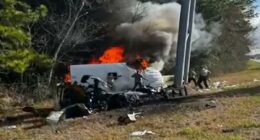 Video shows prison van filled with inmates crash and catch fire