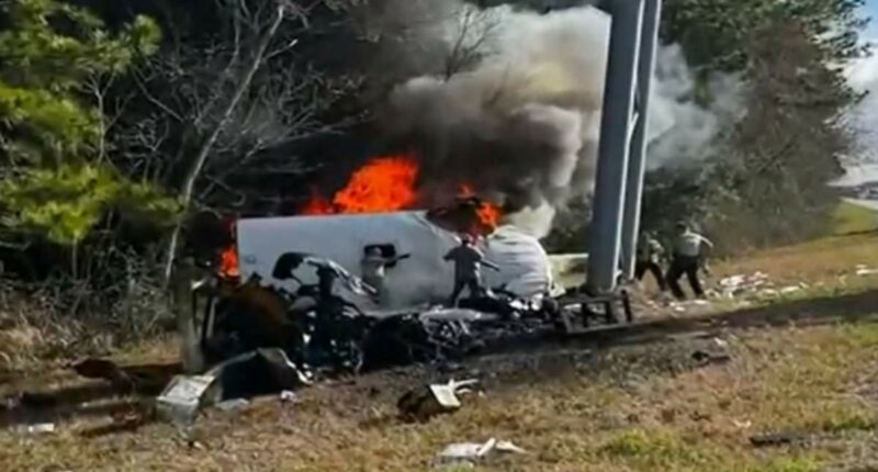 Video shows prison van filled with inmates crash and catch fire