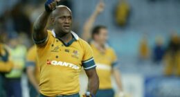 Rugby Union Test.Nelson Mandela Challenge Trophy  Australia    V South Africa at Telstra Stadium Homebush, Sydney.  Image    shows Wallabies Wendell Sailor  happy after their win.  Saturday 9 July 2005.    Photo by SIMON ALEKNA. SPECIALX 38943