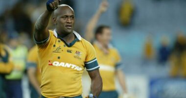 Rugby Union Test.Nelson Mandela Challenge Trophy  Australia    V South Africa at Telstra Stadium Homebush, Sydney.  Image    shows Wallabies Wendell Sailor  happy after their win.  Saturday 9 July 2005.    Photo by SIMON ALEKNA. SPECIALX 38943