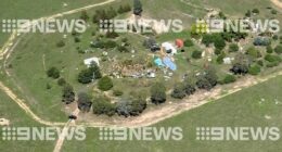 An aerial image of the Walwa property where Dezi Freeman was reportedly located this morning.
