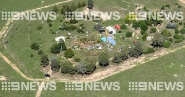 An aerial image of the Walwa property where Dezi Freeman was reportedly located this morning.