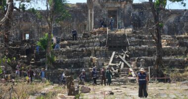A 1,000-year-old cliff-top temple lies battered after Cambodia-Thailand border clashes
