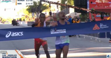 American runner sprints past rival on the line to win LA Marathon