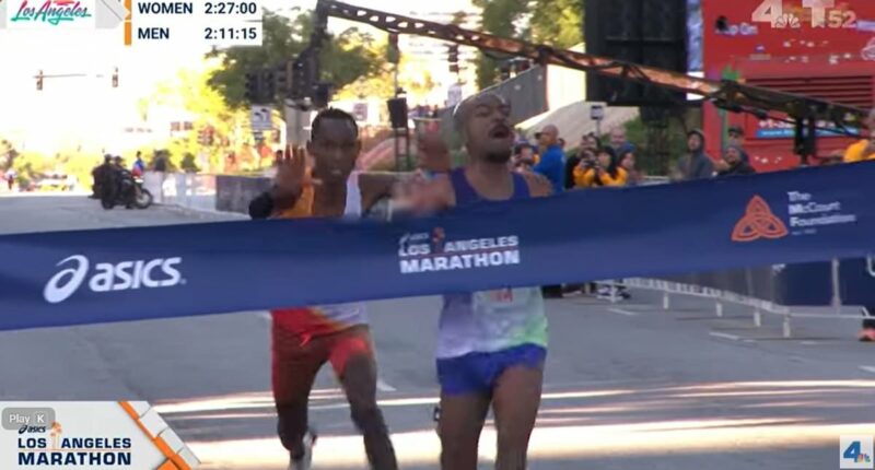 American runner sprints past rival on the line to win LA Marathon