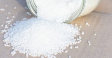 Urea granules. It is the most commonly used nitrogen fertiliser.