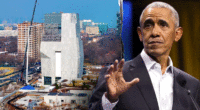 Animated GIF of the Obama Presidential Center construction next to a still photo of Barack Obama.