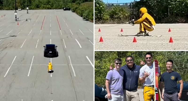 Former US Air Force pilot breaks world record by whizzing on skis at over 60 mph across asphalt