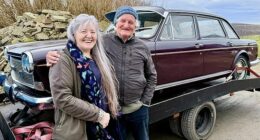 Cathleen Hourie with Hans Compter, who drove all the way from Holland to deliver the Austin