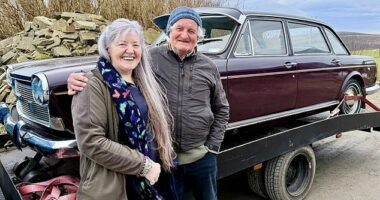 Cathleen Hourie with Hans Compter, who drove all the way from Holland to deliver the Austin
