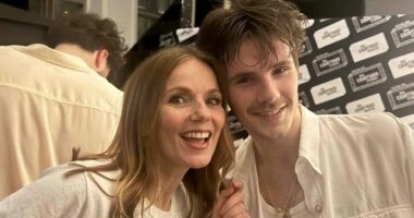 Geri Halliwell poses for a sweet backstage snap with Cruz Beckham as she supports budding musician at his London gig