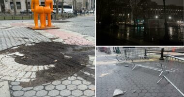 Historic NYC plaza left in abysmal disrepair with destroyed pavement, defective lights