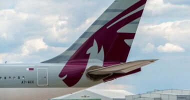 MANCHESTER, UNITED KINGDOM - AUG 07, 2015: Qatar Airways Airbus A330 tail livery at Manchester Airport Aug 07 2015.