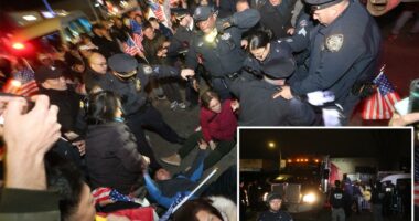 Hundreds of protesters swarm proposed NYC men’s homeless shelter site, physically block construction truck