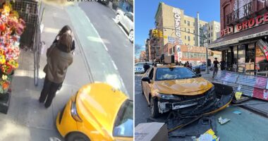 Insane moment NYC cab plows into pedestrians as a miracle saves them