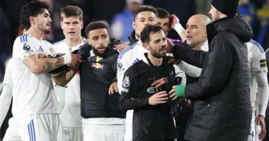 Inside the chaos after Man City's win at Leeds: Pep Guardiola involved in stand-off with fans who hurled x-rated insults at him, star is led away after goading supporters and players clash as Daniel Farke is sent off