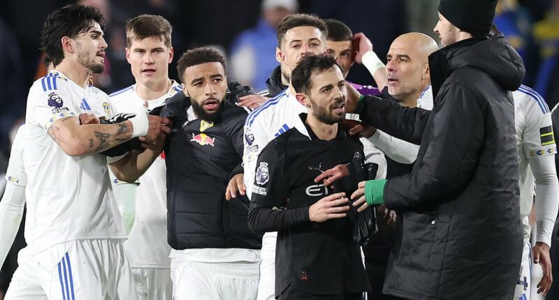 Inside the chaos after Man City's win at Leeds: Pep Guardiola involved in stand-off with fans who hurled x-rated insults at him, star is led away after goading supporters and players clash as Daniel Farke is sent off