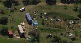 Aerial still of the property where Dezi Freeman was shot, March 30, 2026.