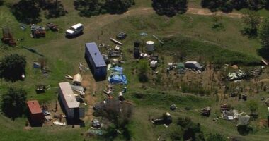 Aerial still of the property where Dezi Freeman was shot, March 30, 2026.
