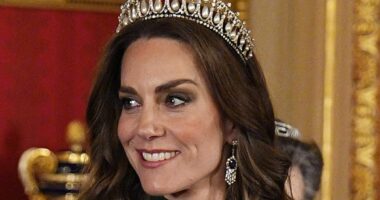 Kate dons favourite tiara and late Queen's earrings for state banquet