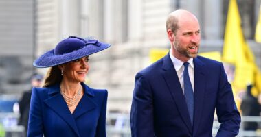 Kate stuns in bright blue Catherine Walker coatdress and late Queen Elizabeth II's pearl earrings as she makes glamorous appearance for Commonwealth Day service