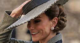 Kate's hat-trick! Princess of Wales tightly grips her £690 boater in windswept Kent - as she enters her 'Melania era' with huge headgear