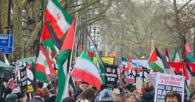 Leftist demonstrators chant 'victory to Iran' at march through London