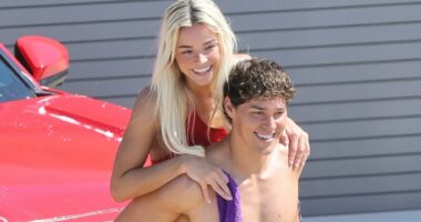 Livvy Dunne gets flirty with Noah Beck during Baywatch car wash scene